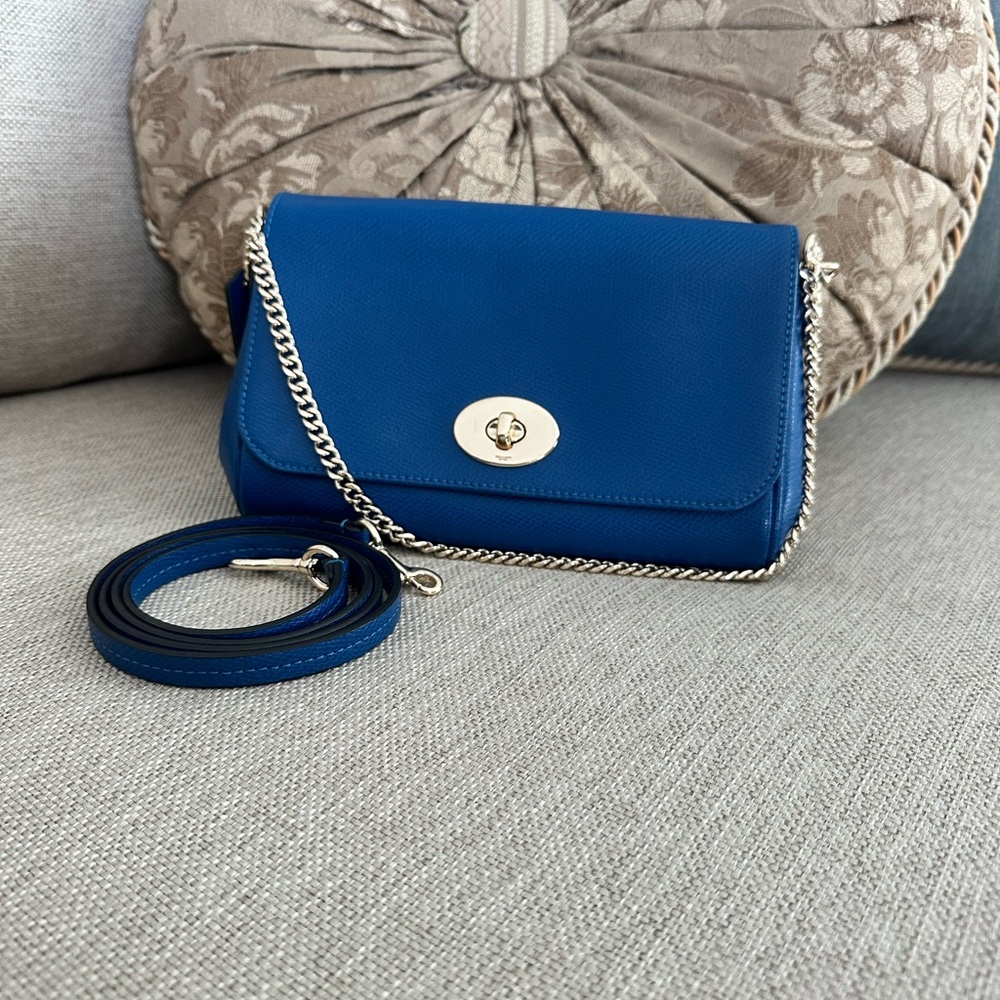 Coach Mini Ruby Leather Pebbled Crossbody Bag Blue Shoulder Baguette F34604